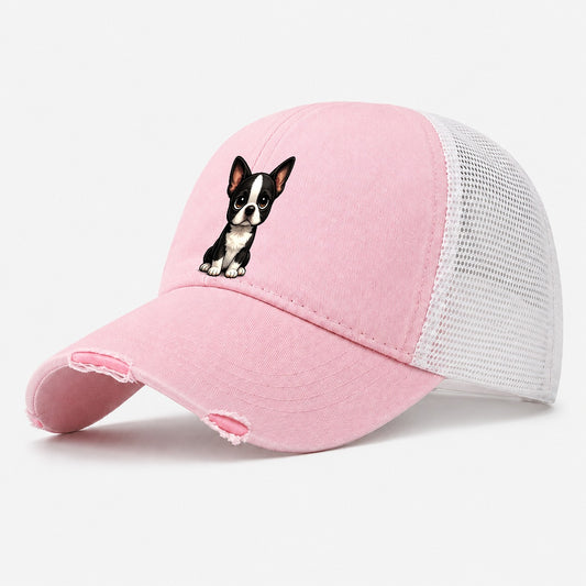 Boston Terrier Sitting Sweetheart Washed Trucker Hat – Light Pink