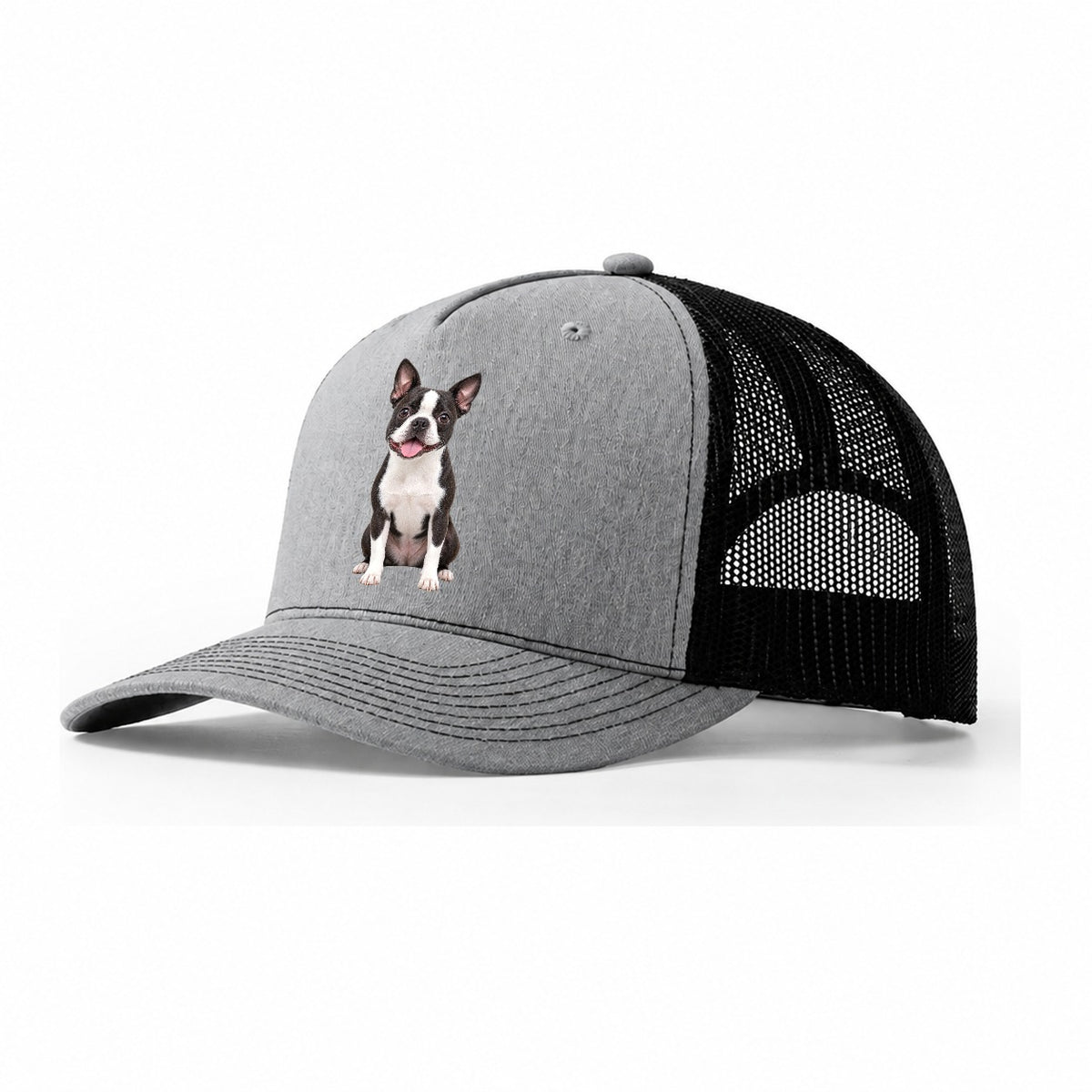 Boston Terrier Sitting Top Breeds Trucker Hat – Sport Grey Black