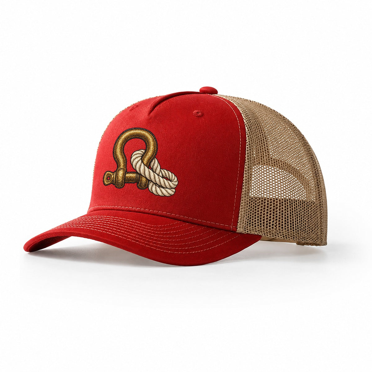 Bow Shackle And Coiled Rope Off Roading And Overlanding Trucker Hat – Red Khaki