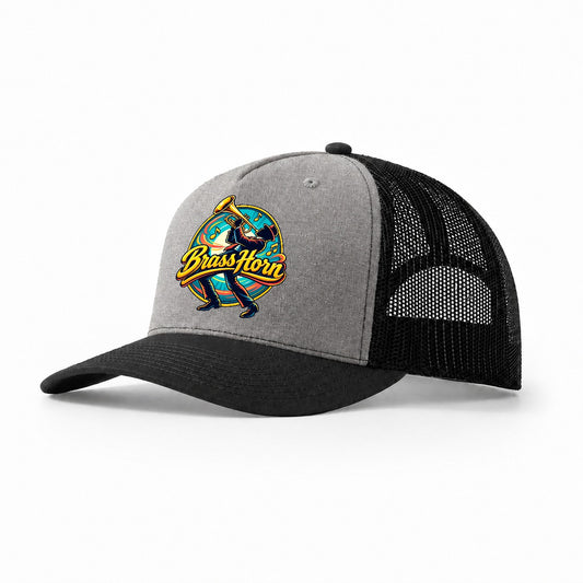 Brass Horn Crest Music Instruments Trucker Hat – Grey Black