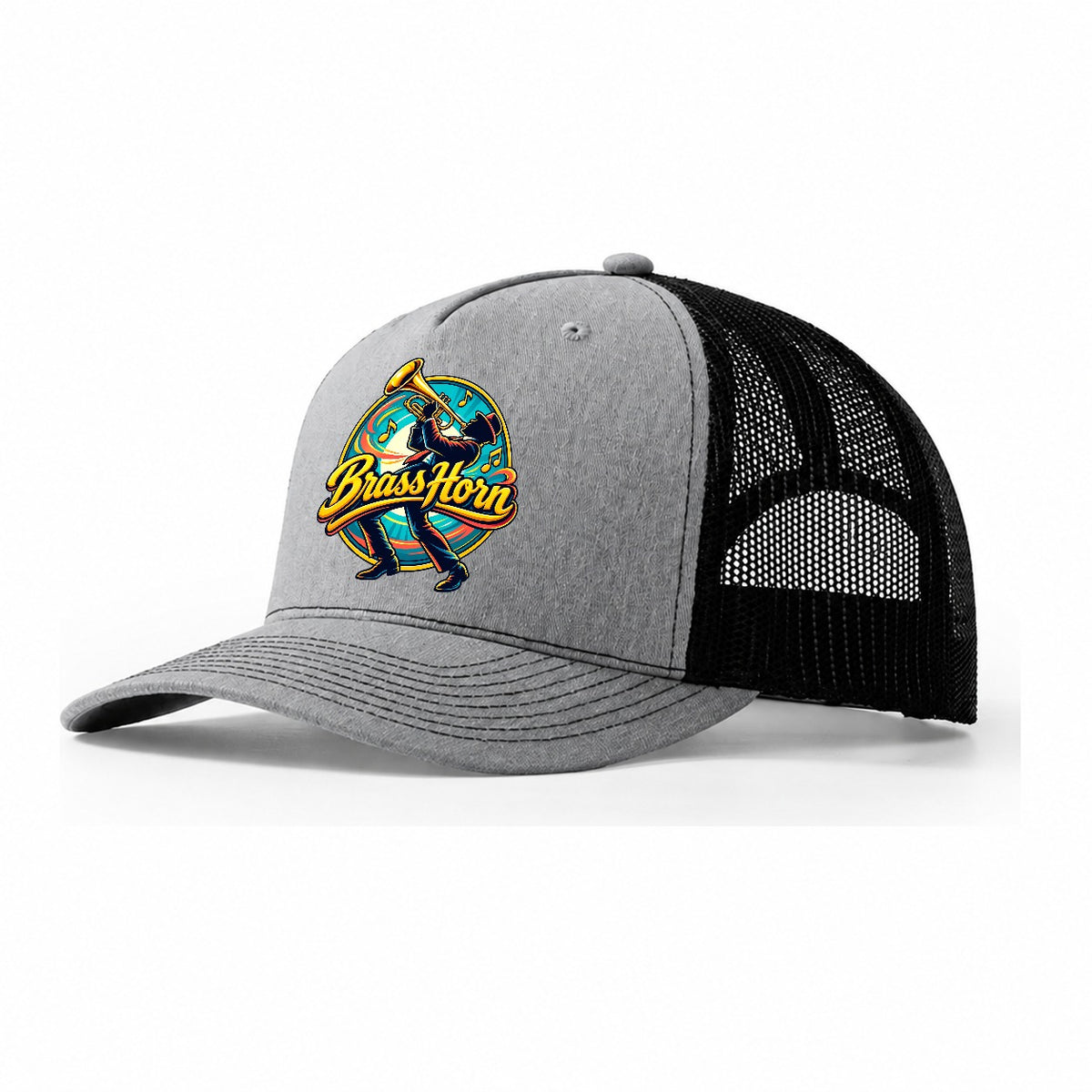 Brass Horn Crest Music Instruments Trucker Hat – Sport Grey Black