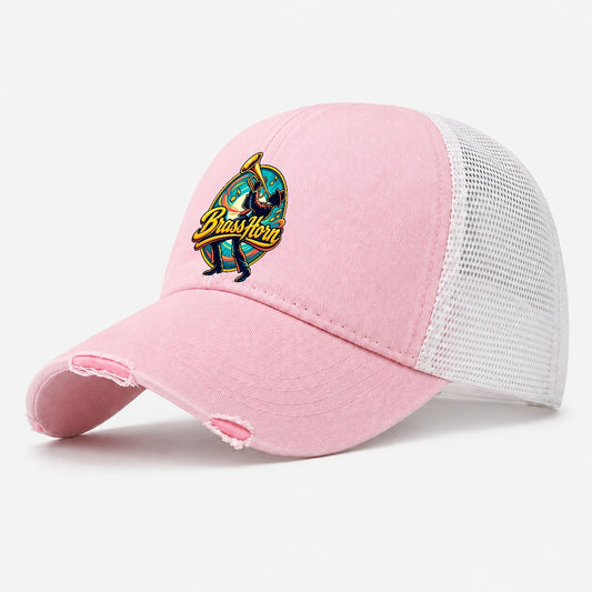 Brass Horn Crest Music Instruments Washed Trucker Hat – Light Pink