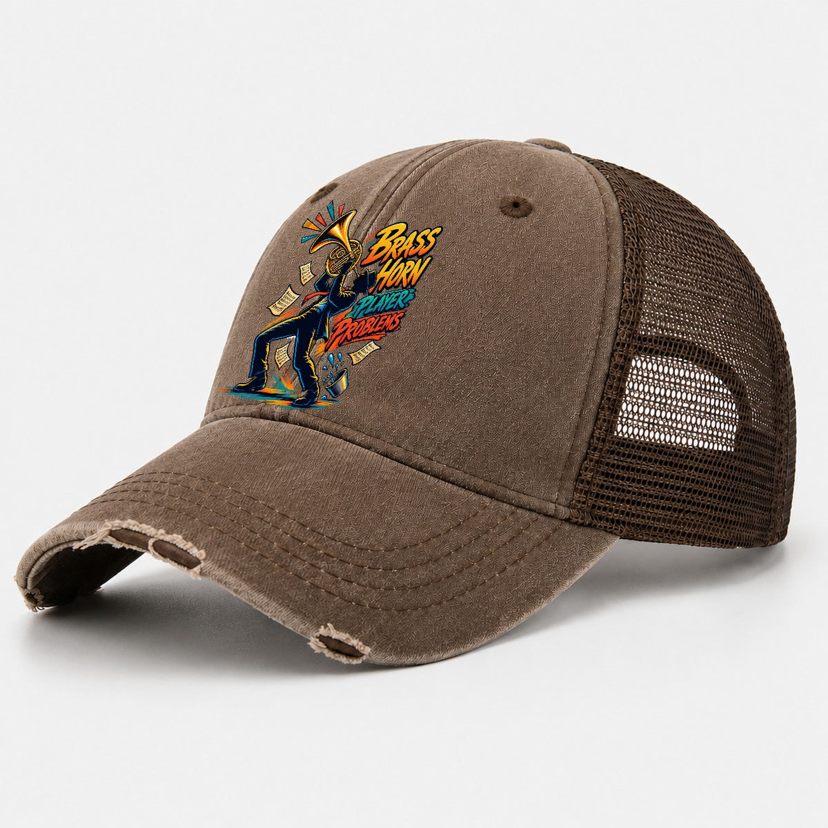 Brass Horn Player Problems Music Instruments Washed Trucker Hat – Coffee