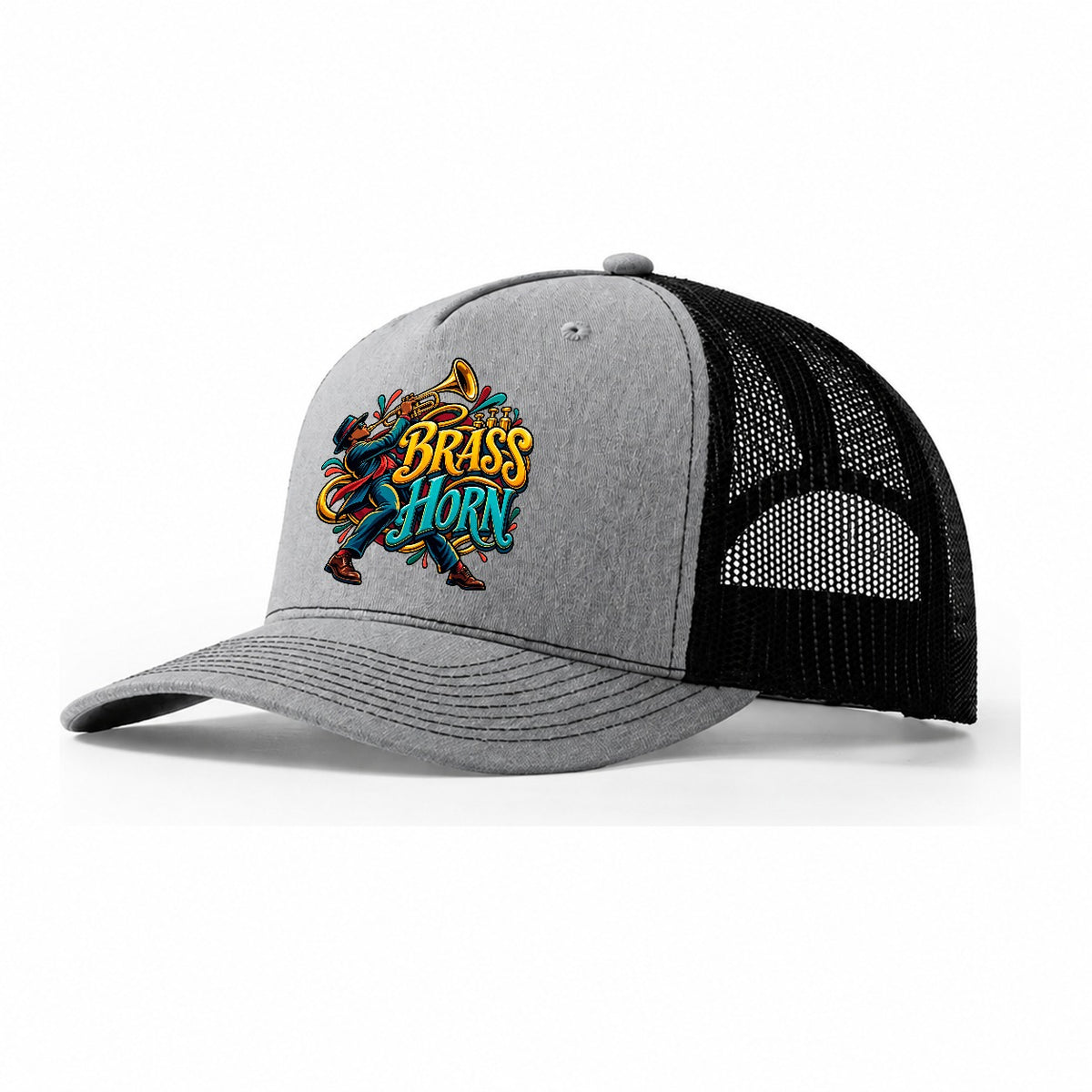 Brass Horn Wordmark Music Instruments Trucker Hat – Sport Grey Black