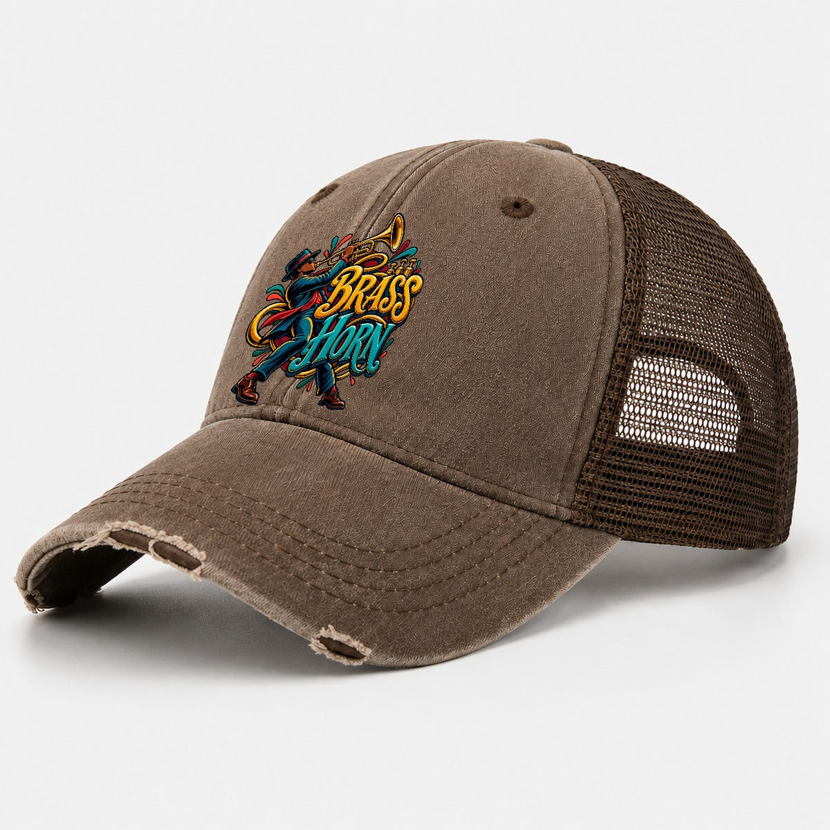 Brass Horn Wordmark Music Instruments Washed Trucker Hat – Coffee