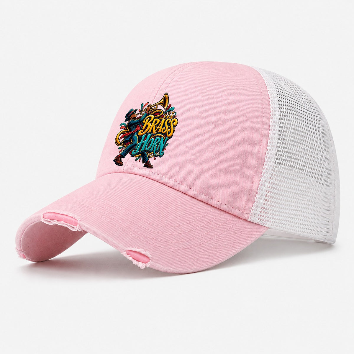 Brass Horn Wordmark Music Instruments Washed Trucker Hat – Light Pink