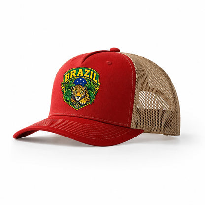 Brazil Retro Badge Country Logos Trucker Hat – Red Khaki