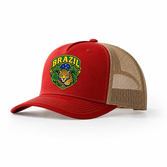 Brazil Retro Badge Country Logos Trucker Hat – Red Khaki