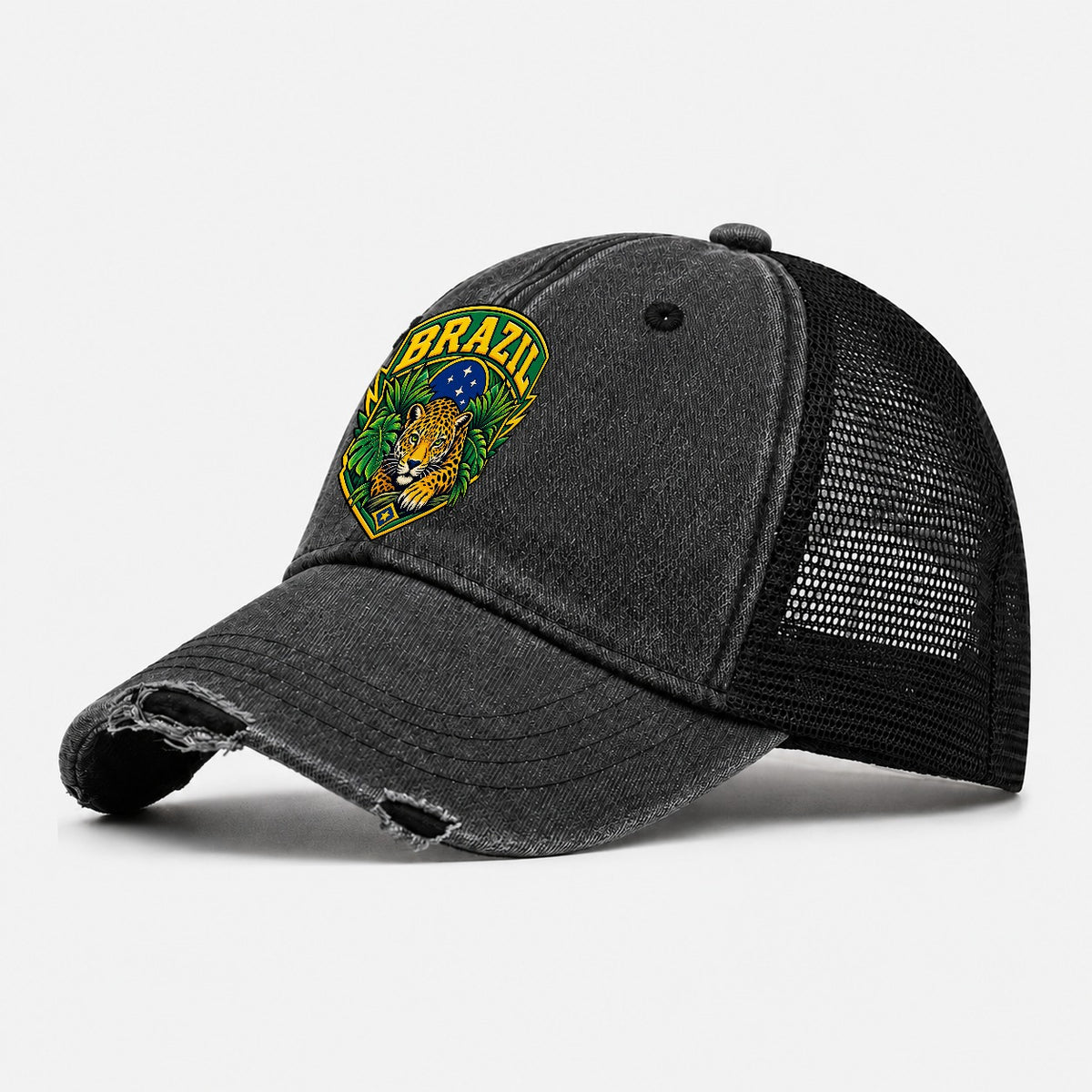 Brazil Retro Badge Country Logos Washed Trucker Hat – Black