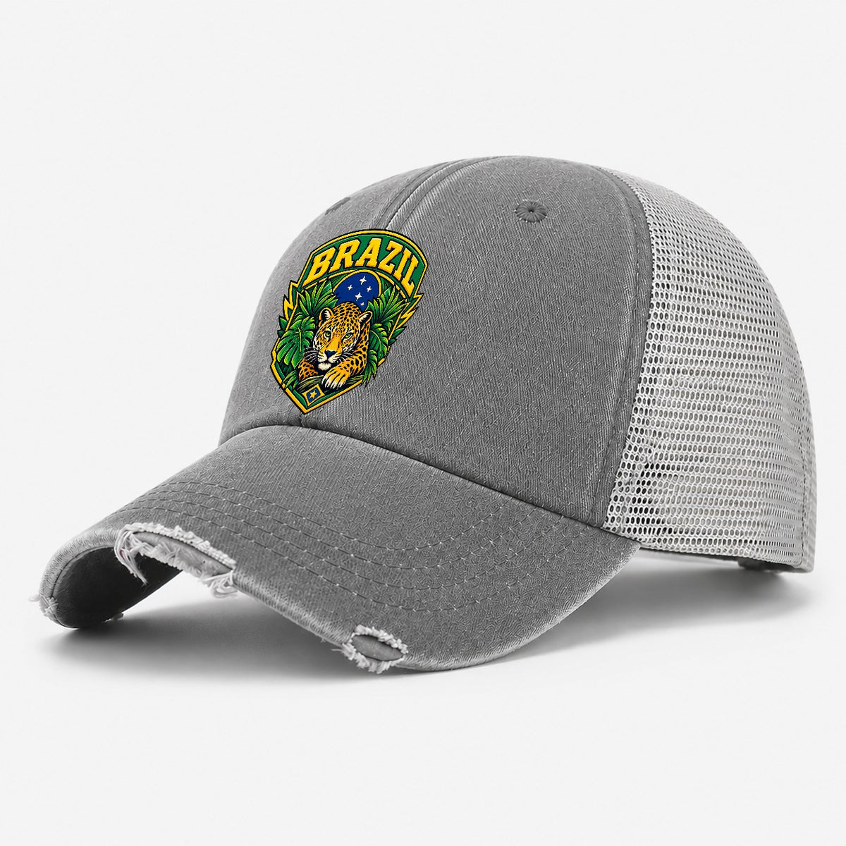 Brazil Retro Badge Country Logos Washed Trucker Hat – Grey