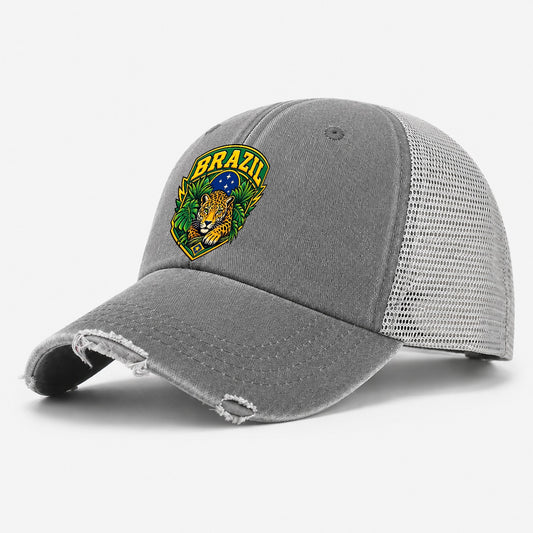Brazil Retro Badge Country Logos Washed Trucker Hat – Grey