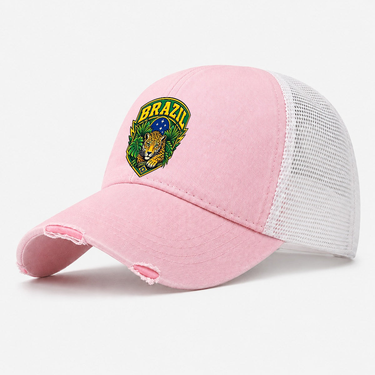 Brazil Retro Badge Country Logos Washed Trucker Hat – Light Pink