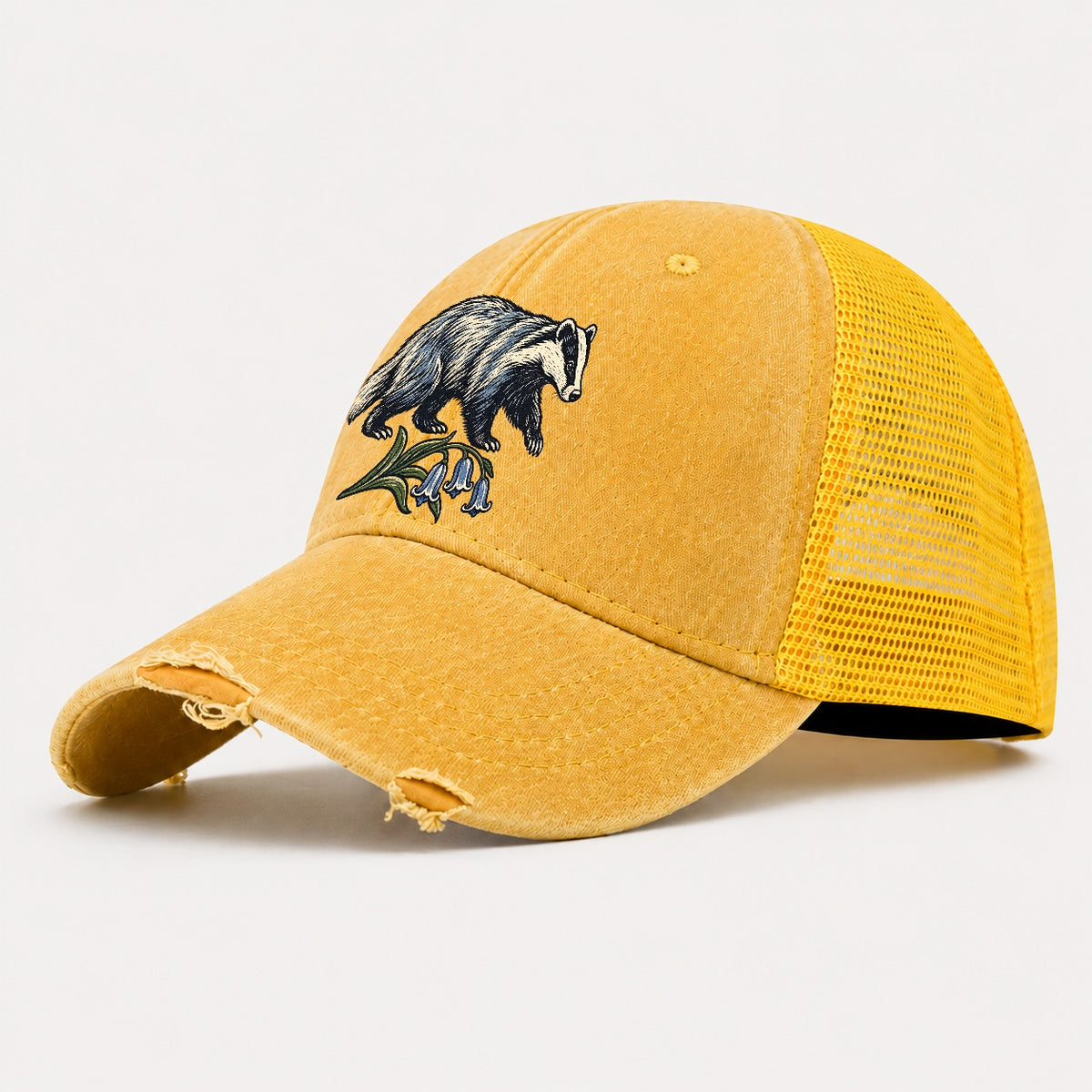 British Badger With Bluebell Sprig Uk Culture Heritage Washed Trucker Hat – Yellow