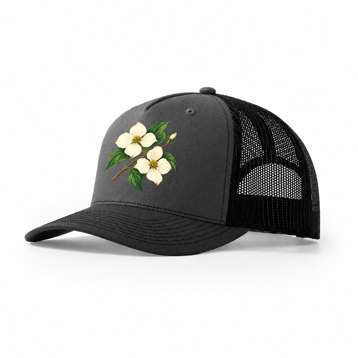 British Columbia Pacific Dogwood Bloom Canada Cultural Icons Trucker Hat – Dark Grey Black
