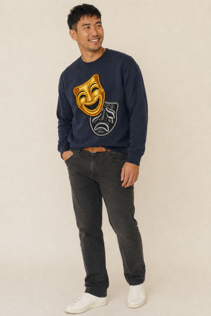 Broadway Masks Comedy Tragedy Masks In Gold And Black Theate Fleece Sweatshirt – studio model photo