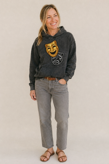 Broadway Masks Comedy Tragedy Masks In Gold And Black Theate Vintage Washed Hoodie – studio model photo