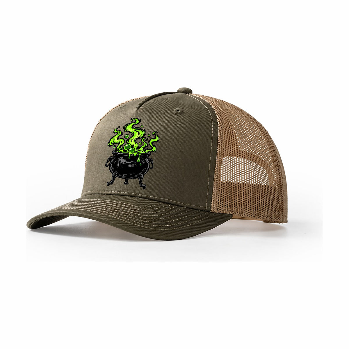 Bubbling Cauldron Witch Magic Trucker Hat – Olive Khaki