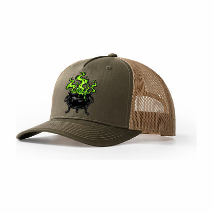 Bubbling Cauldron Witch Magic Trucker Hat – Olive Khaki