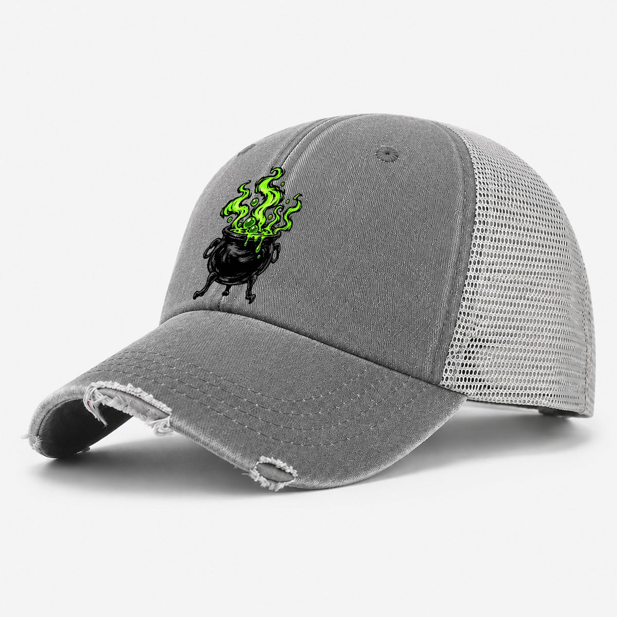 Bubbling Cauldron Witch Magic Washed Trucker Hat – Grey