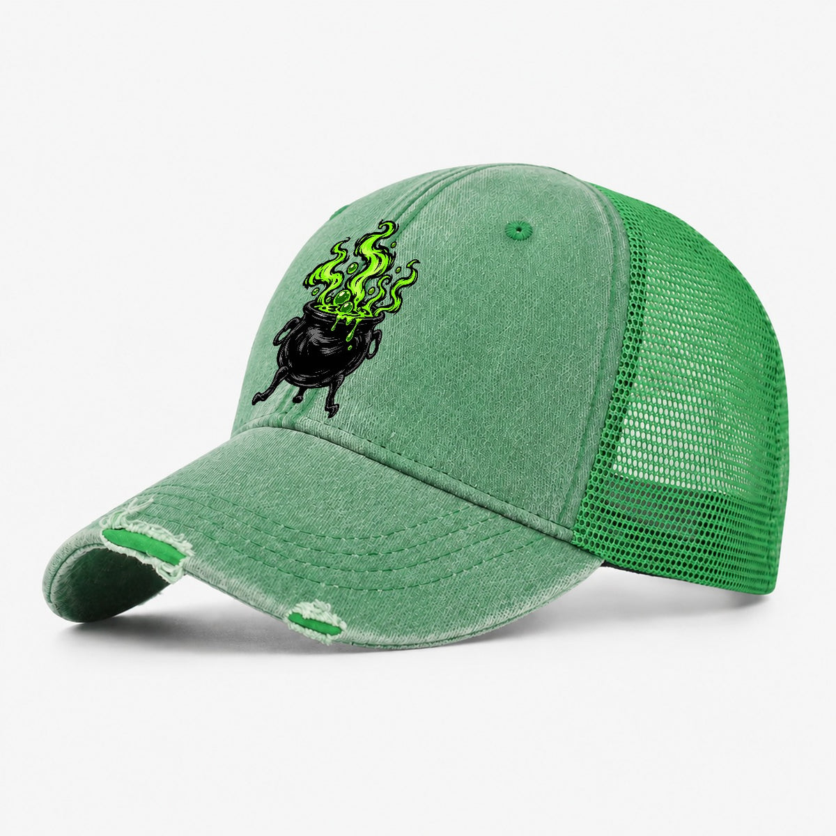 Bubbling Cauldron Witch Magic Washed Trucker Hat – Ink Green