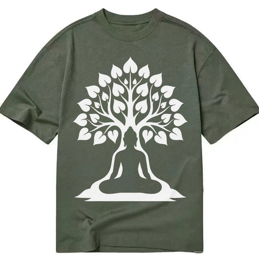 Buddha silhouette meditating - negative space forms bodhi tree - Classic T-shirt – Army Green