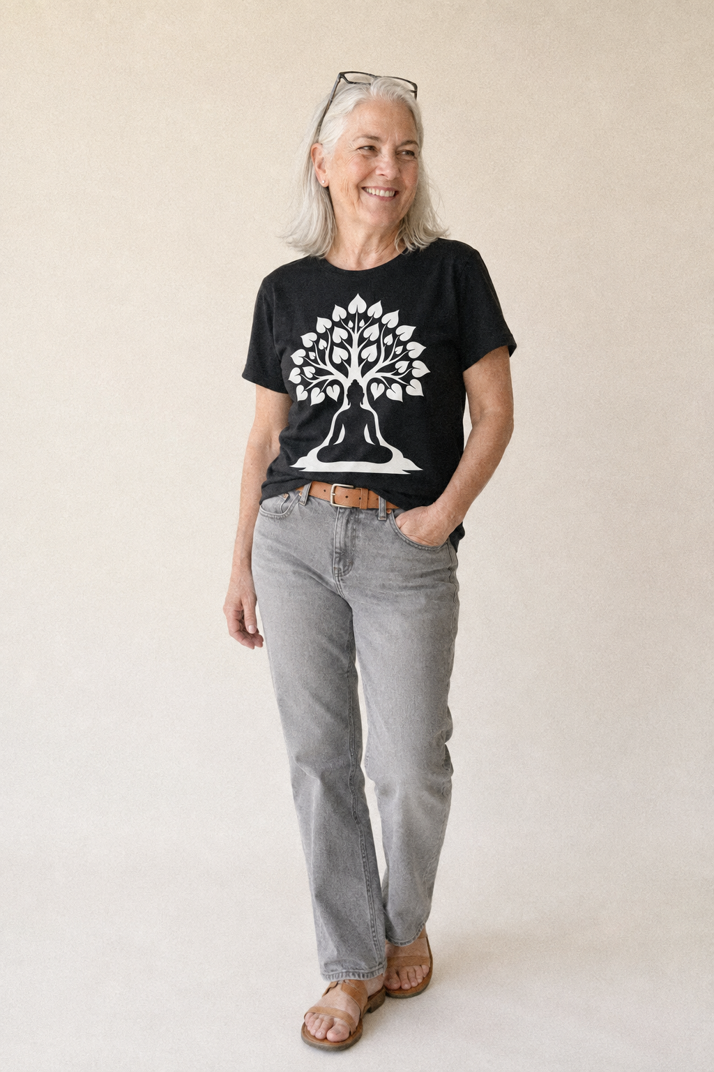 Buddha silhouette meditating - negative space forms bodhi tree - Classic T-shirt – studio model photo