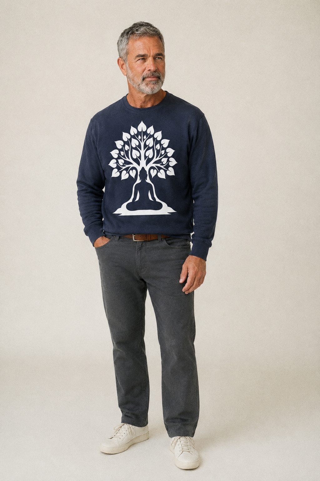 Buddha Silhouette Meditating Negative Space Forms Bodhi Tree Fleece Sweatshirt – studio model photo