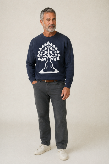 Buddha Silhouette Meditating Negative Space Forms Bodhi Tree Fleece Sweatshirt – studio model photo