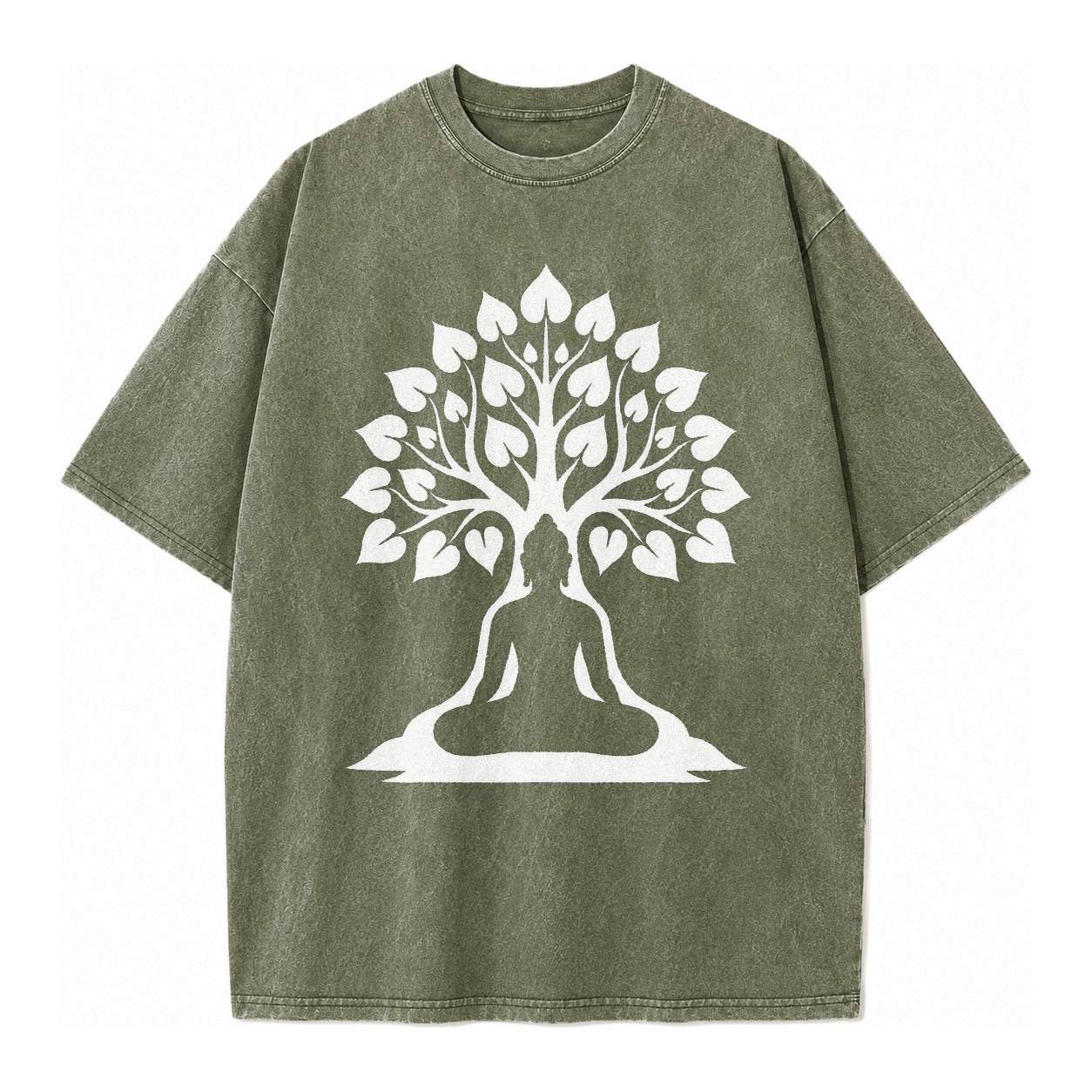 Buddha silhouette meditating - negative space forms bodhi tree - Vintage T-shirt – Army Green