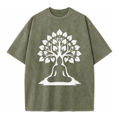 Buddha silhouette meditating - negative space forms bodhi tree - Vintage T-shirt – Army Green