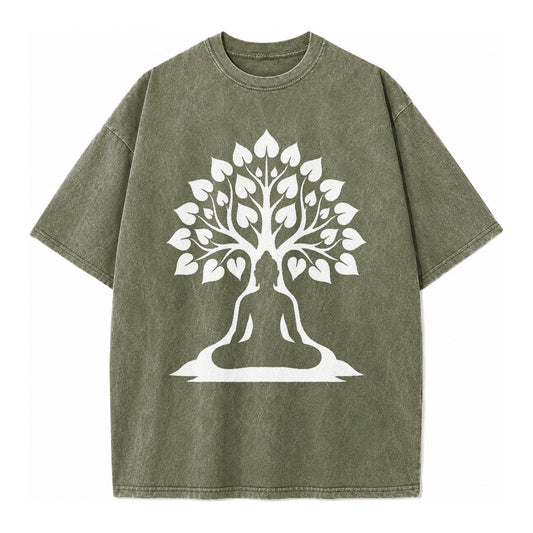 Buddha silhouette meditating - negative space forms bodhi tree - Vintage T-shirt – Army Green