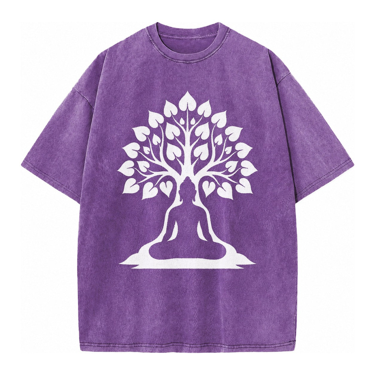 Buddha silhouette meditating - negative space forms bodhi tree - Vintage T-shirt – Purple