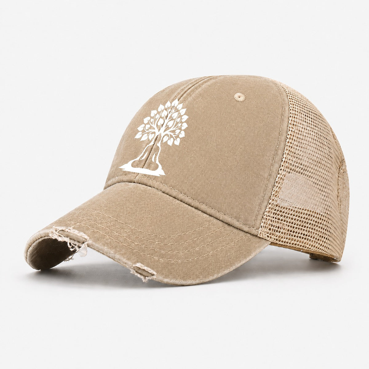 Buddha Silhouette Meditating Negative Space Forms Bodhi Tree Washed Trucker Hat – Khaki