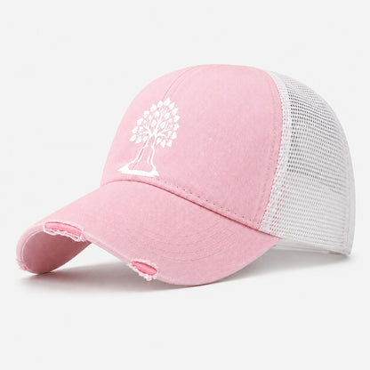 Buddha Silhouette Meditating Negative Space Forms Bodhi Tree Washed Trucker Hat – Light Pink