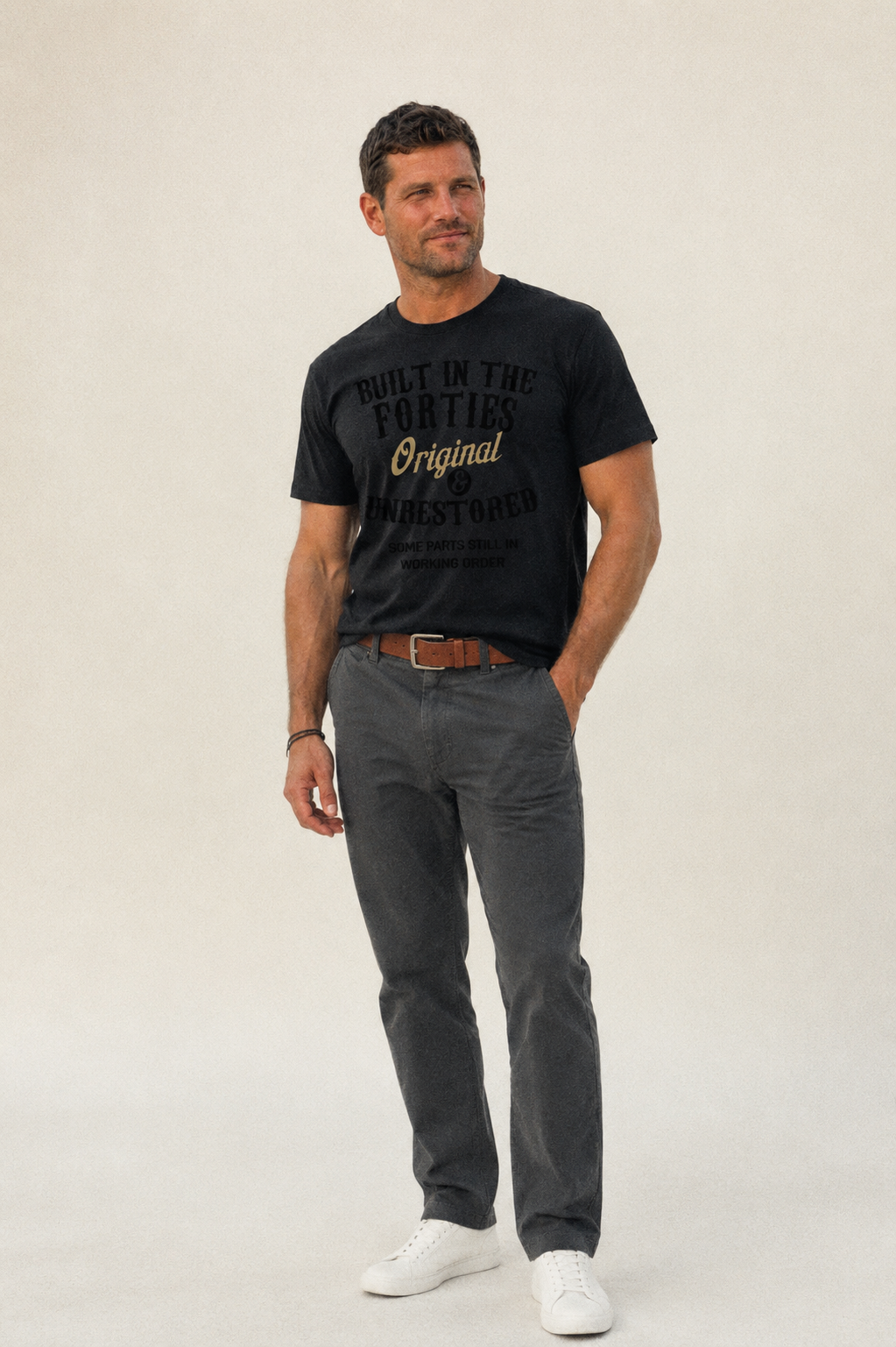 Built In The Forties Original Unrestored Some Parts Still In Classic T-shirt – studio model photo