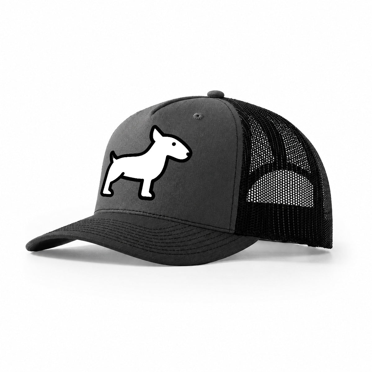 Bull Terrier White Egg Shaped Head Flat Side Profile Trucker Hat – Dark Grey-Black