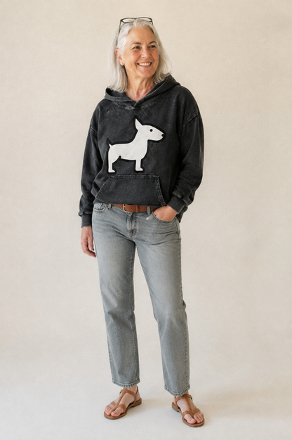 Bull Terrier White Egg Shaped Head Flat Side Profile Vintage Washed Hoodie – studio model photo