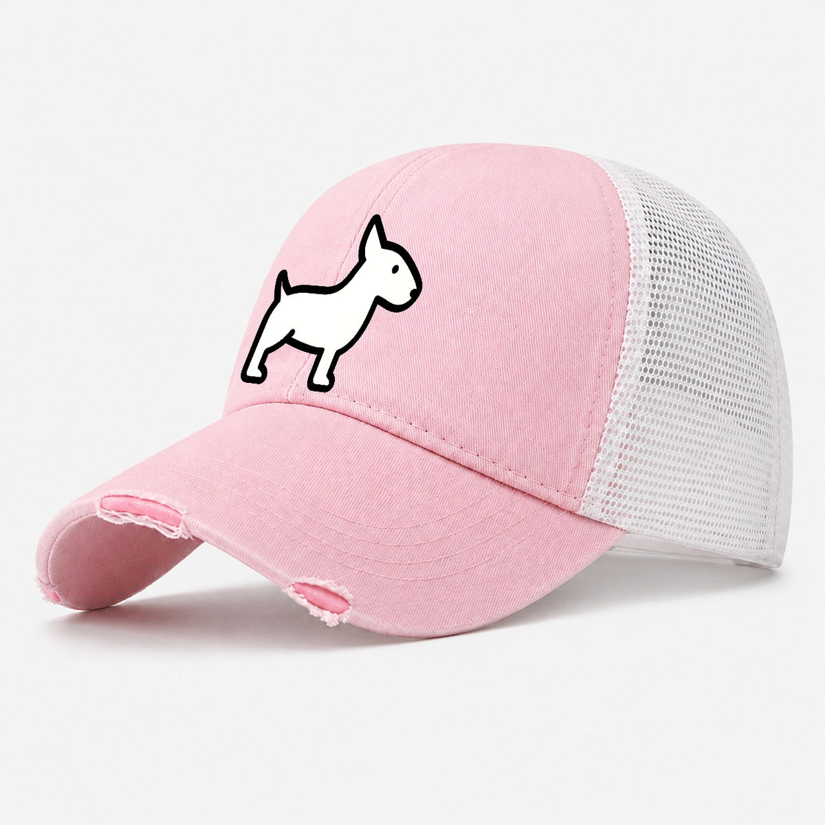 Bull Terrier White Egg Shaped Head Flat Side Profile Washed Trucker Hat – Light Pink