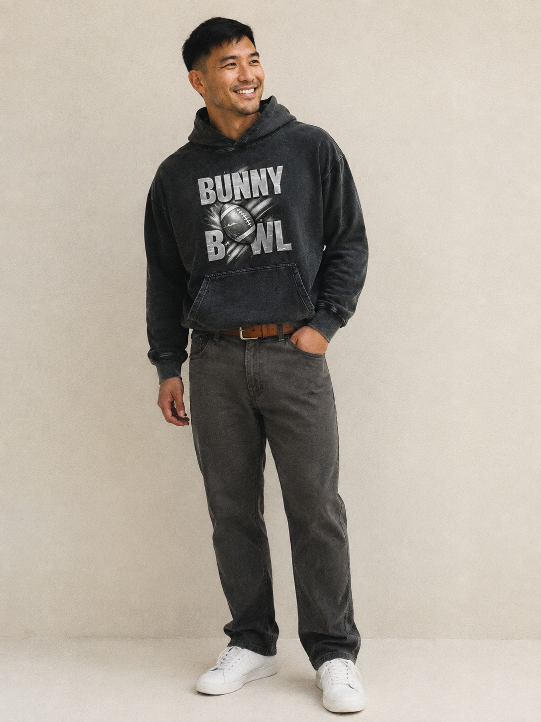 Bunny Bowl Vintage Washed Hoodie – studio model photo