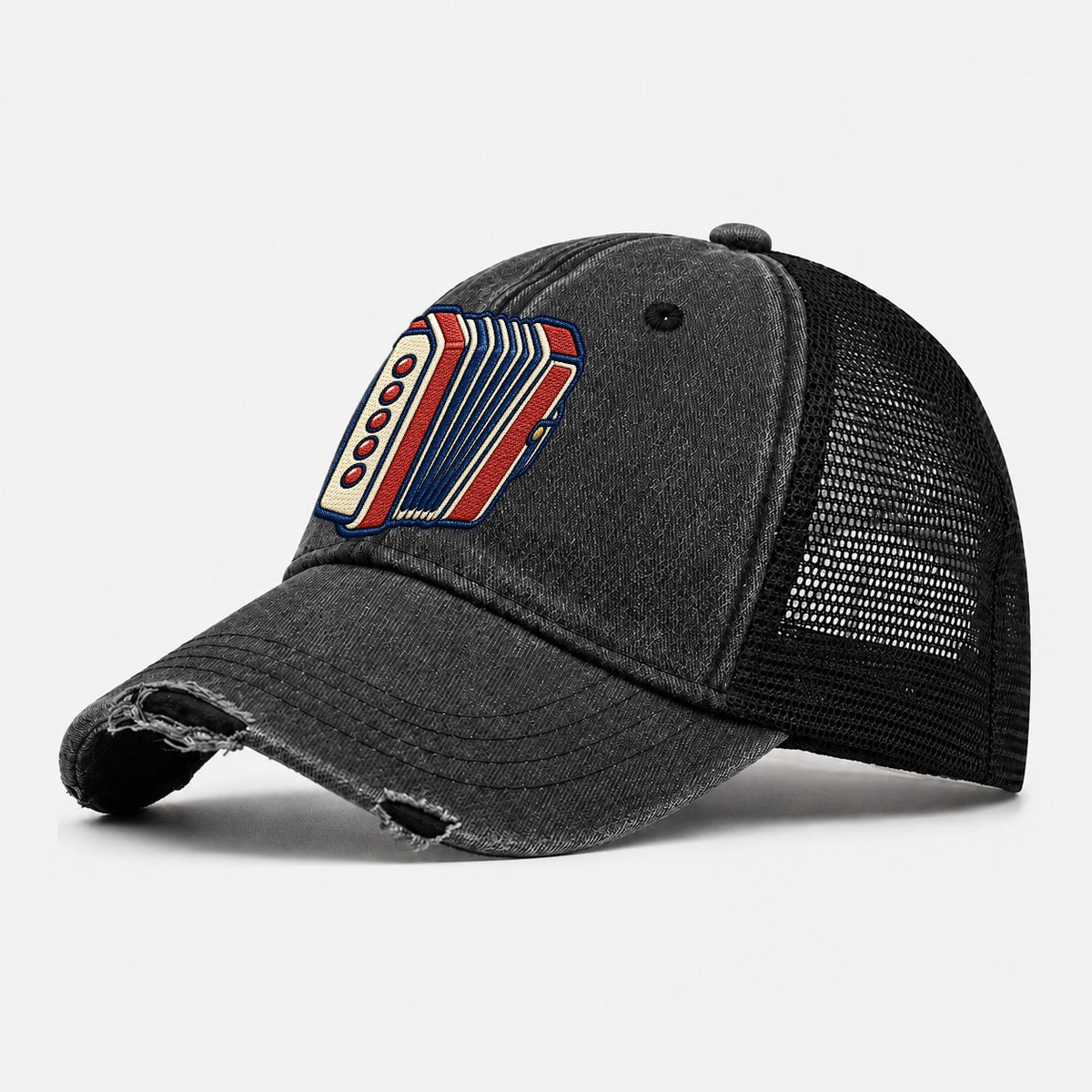 Button Accordion Tiny Solo Marks Washed Trucker Hat – Black