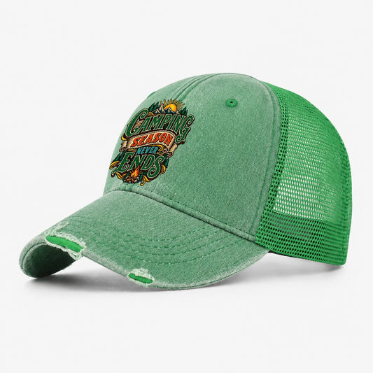 Camping Season Never Ends Retired Living Washed Trucker Hat – Ink Green