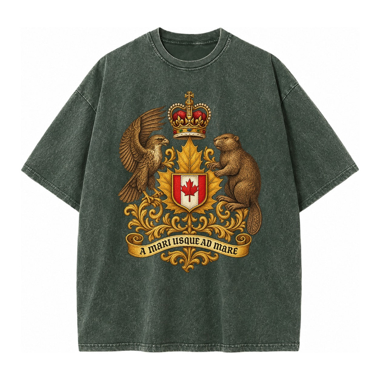 Canada Heritage Maple Badge Vintage T-shirt – Forest Mist(Green)