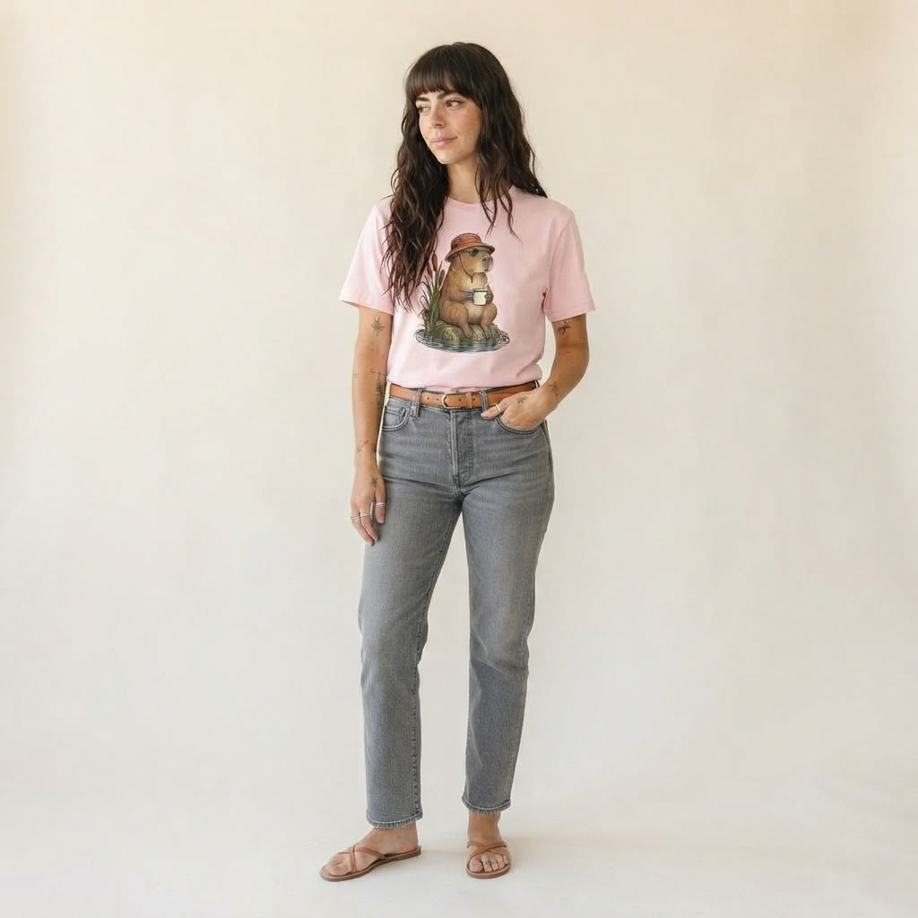 Capybara Soak Slow Camp Club Classic T-shirt – studio model photo