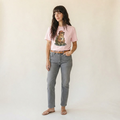 Capybara Soak Slow Camp Club Classic T-shirt – studio model photo