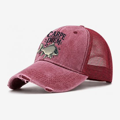 Carpe Diem Carp Fishing Elegant Washed Trucker Hat – Wine Red