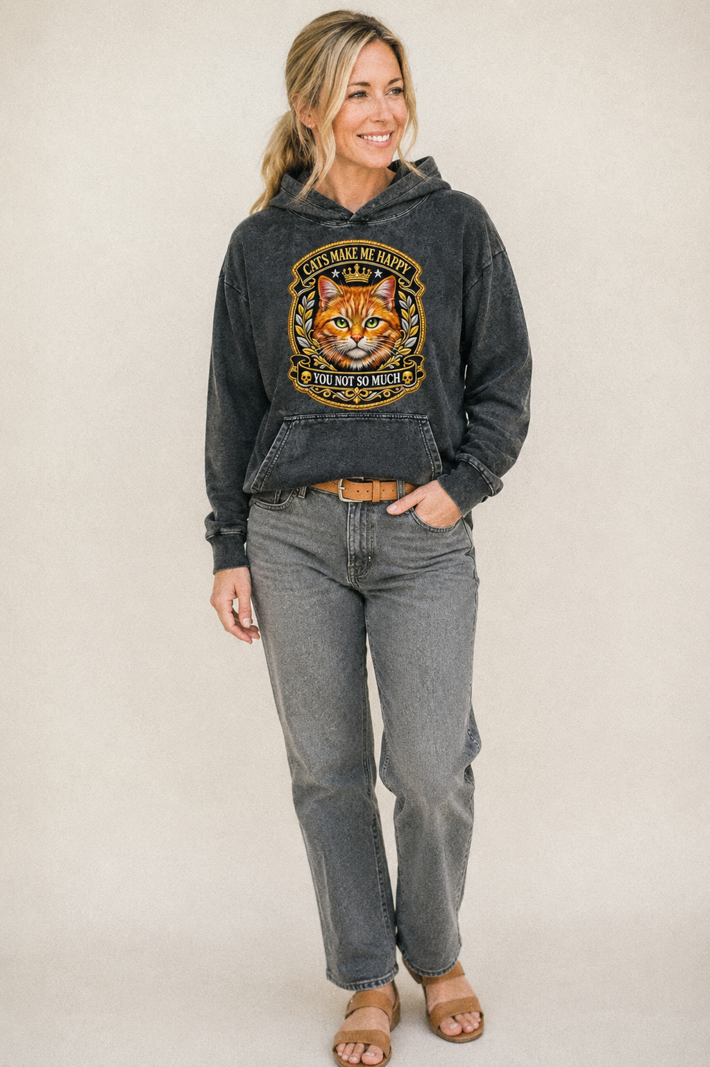 Cats Make Me Happy You Not So Much Cat Face In Orange Cat Pr Vintage Washed Hoodie – studio model photo