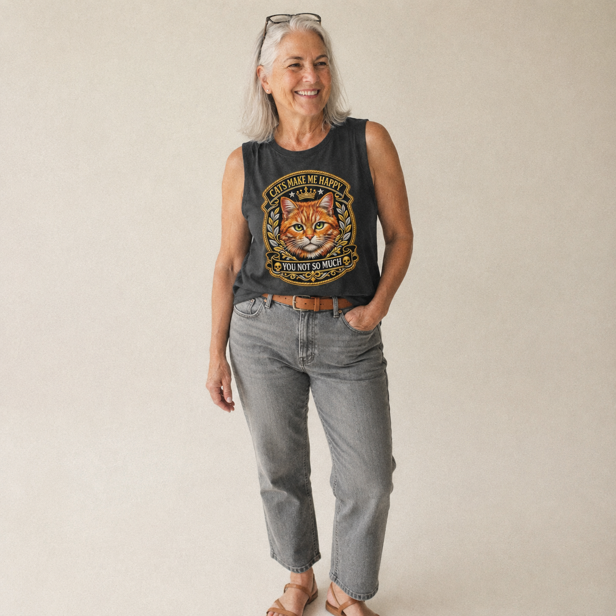 Cats Make Me Happy You Not So Much Cat Face In Orange Cat Pr Vintage Washed Tank – studio model photo