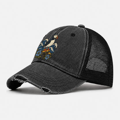 Causeway Coast Puffin And Flax Flowers Uk Culture Heritage Washed Trucker Hat – Black