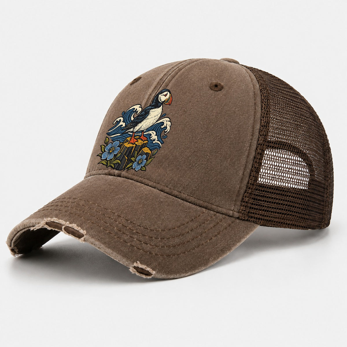 Causeway Coast Puffin And Flax Flowers Uk Culture Heritage Washed Trucker Hat – Coffee