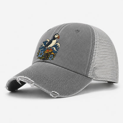 Causeway Coast Puffin And Flax Flowers Uk Culture Heritage Washed Trucker Hat – Grey
